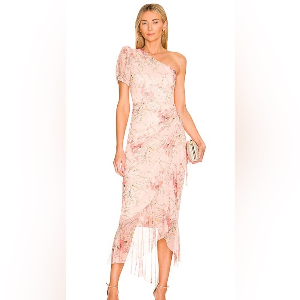 BCBG one shoulder floral rouched dress
